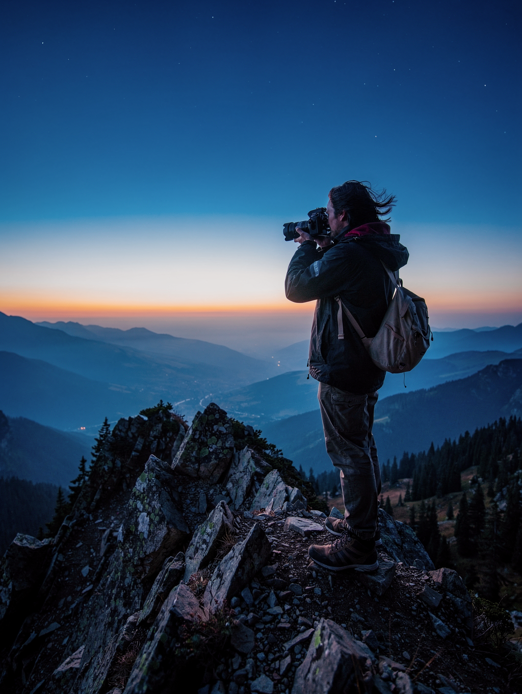 Landscape photographer setting up a tripod in a remote Patagonian valley