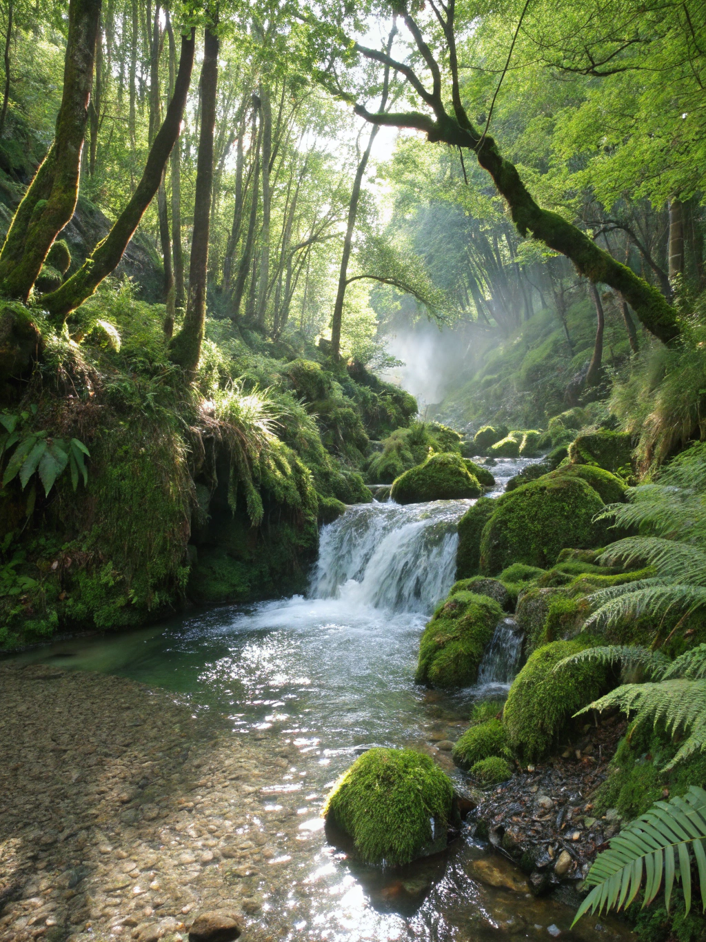 Lush green rainforest waterfall in New Zealand