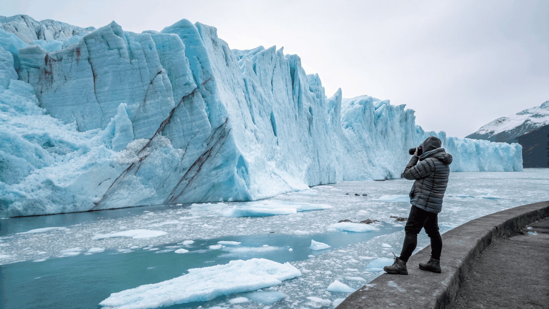Deep blue glacial ice wall with sharp crevasses